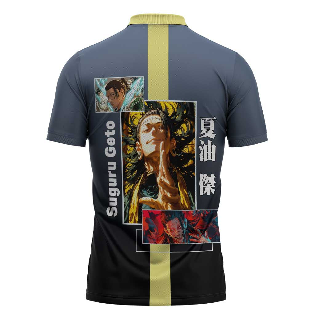 Suguru Geto from Jujutsu Kaisen Zipper Polo Shirt with Yellow and Blue Background and Multiple Poses Design - The Mazicc