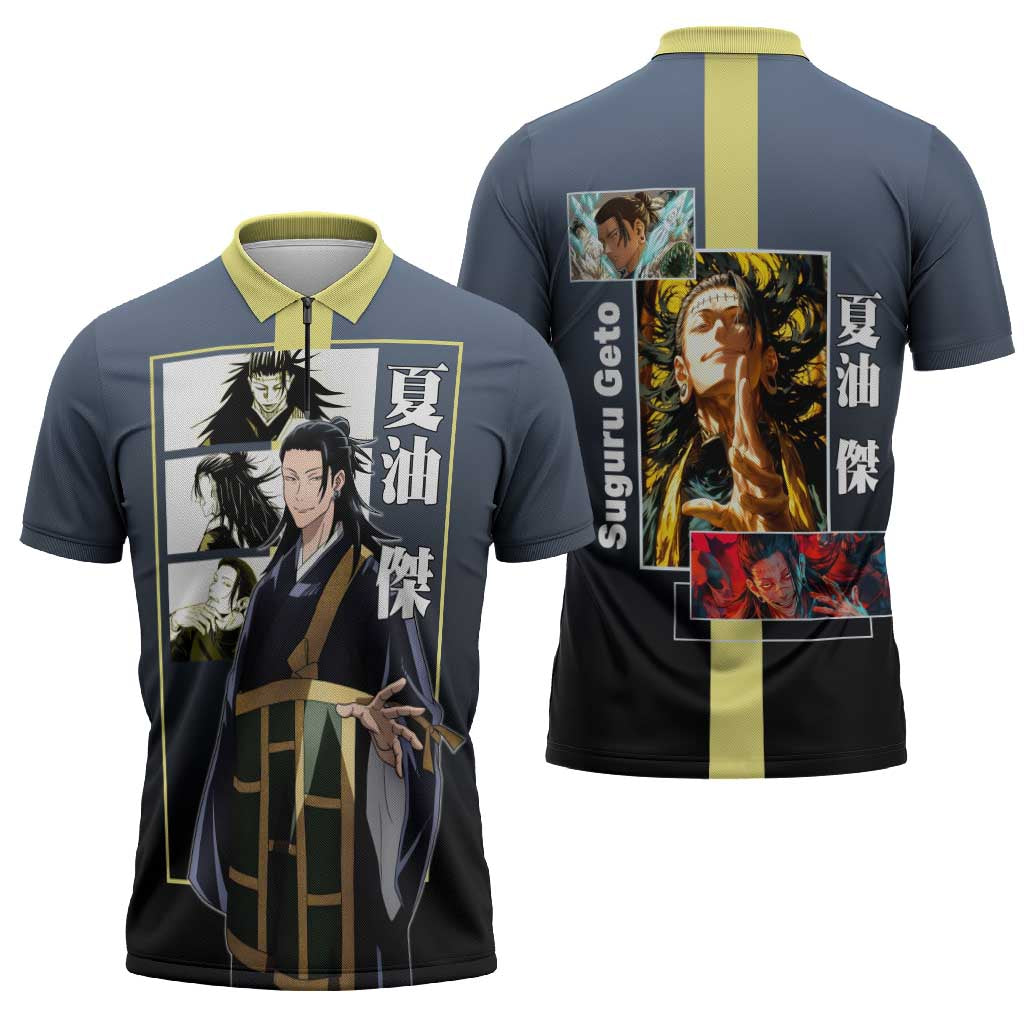Suguru Geto from Jujutsu Kaisen Zipper Polo Shirt with Yellow and Blue Background and Multiple Poses Design - The Mazicc