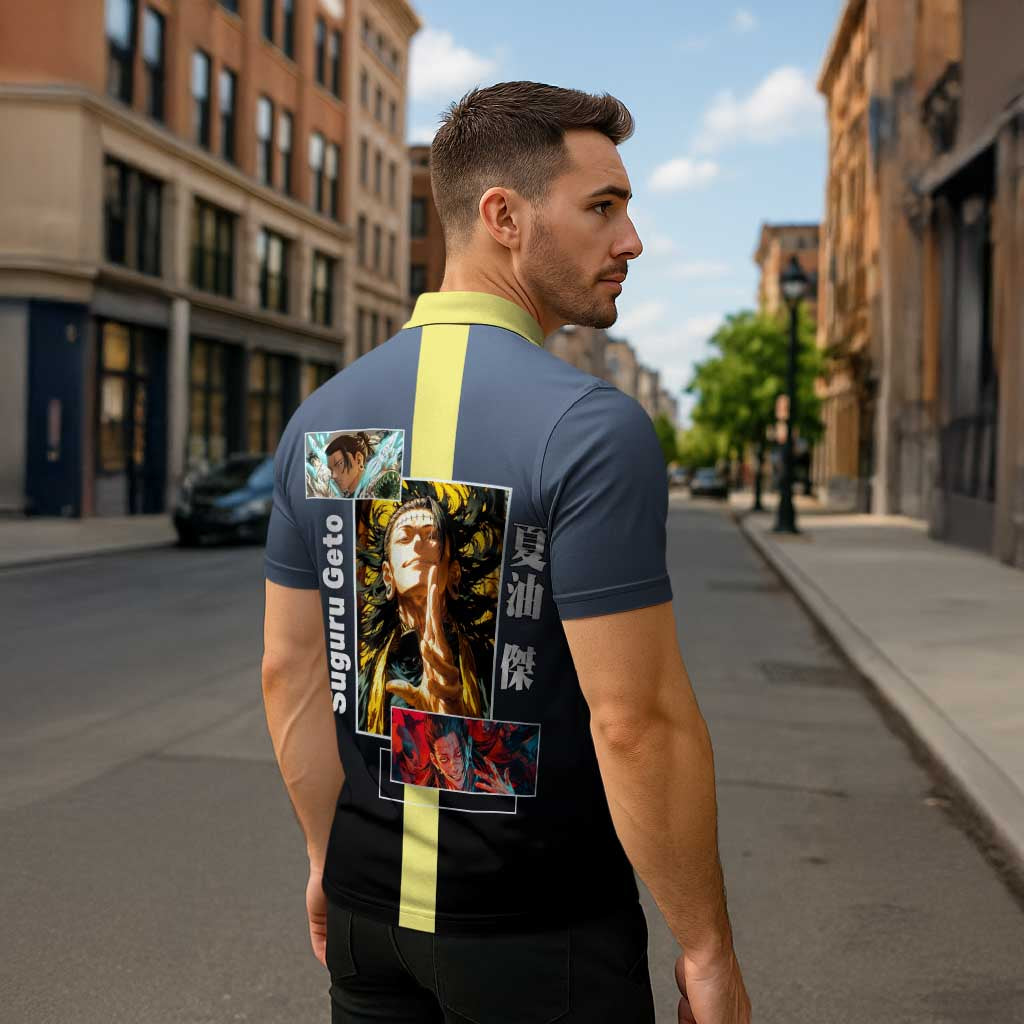 Suguru Geto from Jujutsu Kaisen Zipper Polo Shirt with Yellow and Blue Background and Multiple Poses Design - The Mazicc