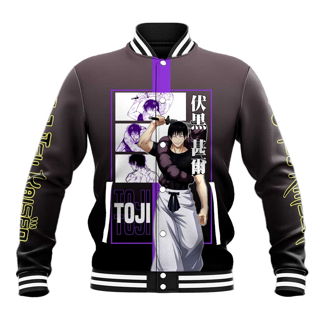Fushiguro Toji from Jujutsu Kaisen Baseball Jacket with Purple and Black Background and Multiple Poses Design - The Mazicc