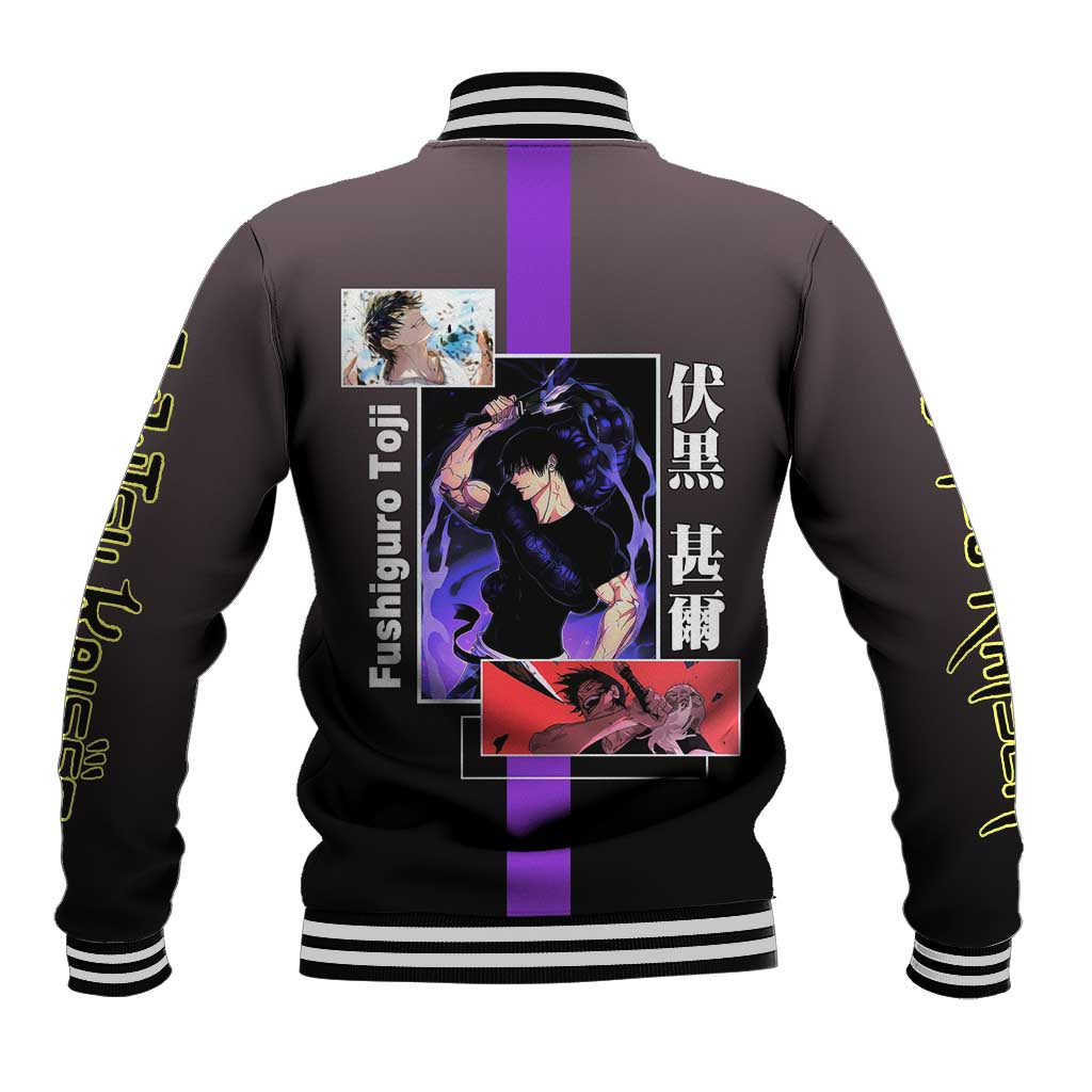 Fushiguro Toji from Jujutsu Kaisen Baseball Jacket with Purple and Black Background and Multiple Poses Design - The Mazicc