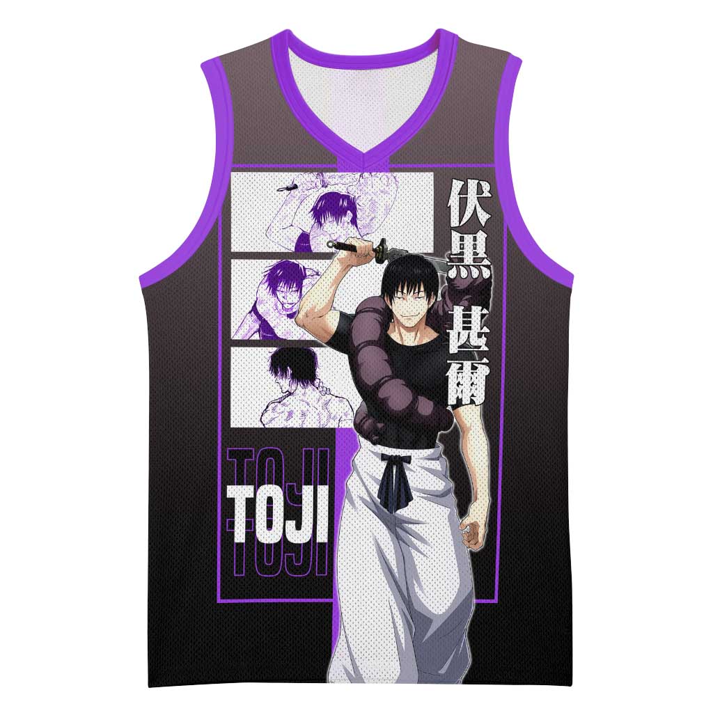 Fushiguro Toji from Jujutsu Kaisen Basketball Jersey with Purple and Black Background and Multiple Poses Design - The Mazicc