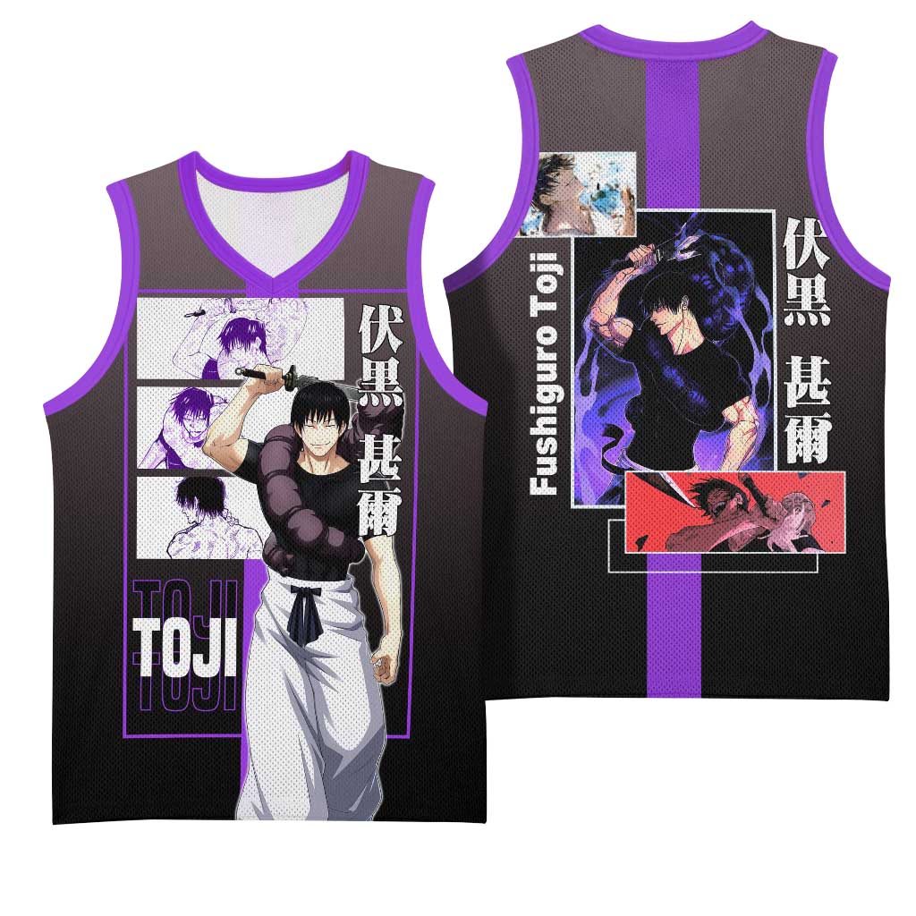 Fushiguro Toji from Jujutsu Kaisen Basketball Jersey with Purple and Black Background and Multiple Poses Design - The Mazicc