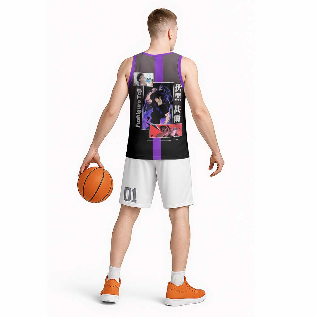 Fushiguro Toji from Jujutsu Kaisen Basketball Jersey with Purple and Black Background and Multiple Poses Design - The Mazicc
