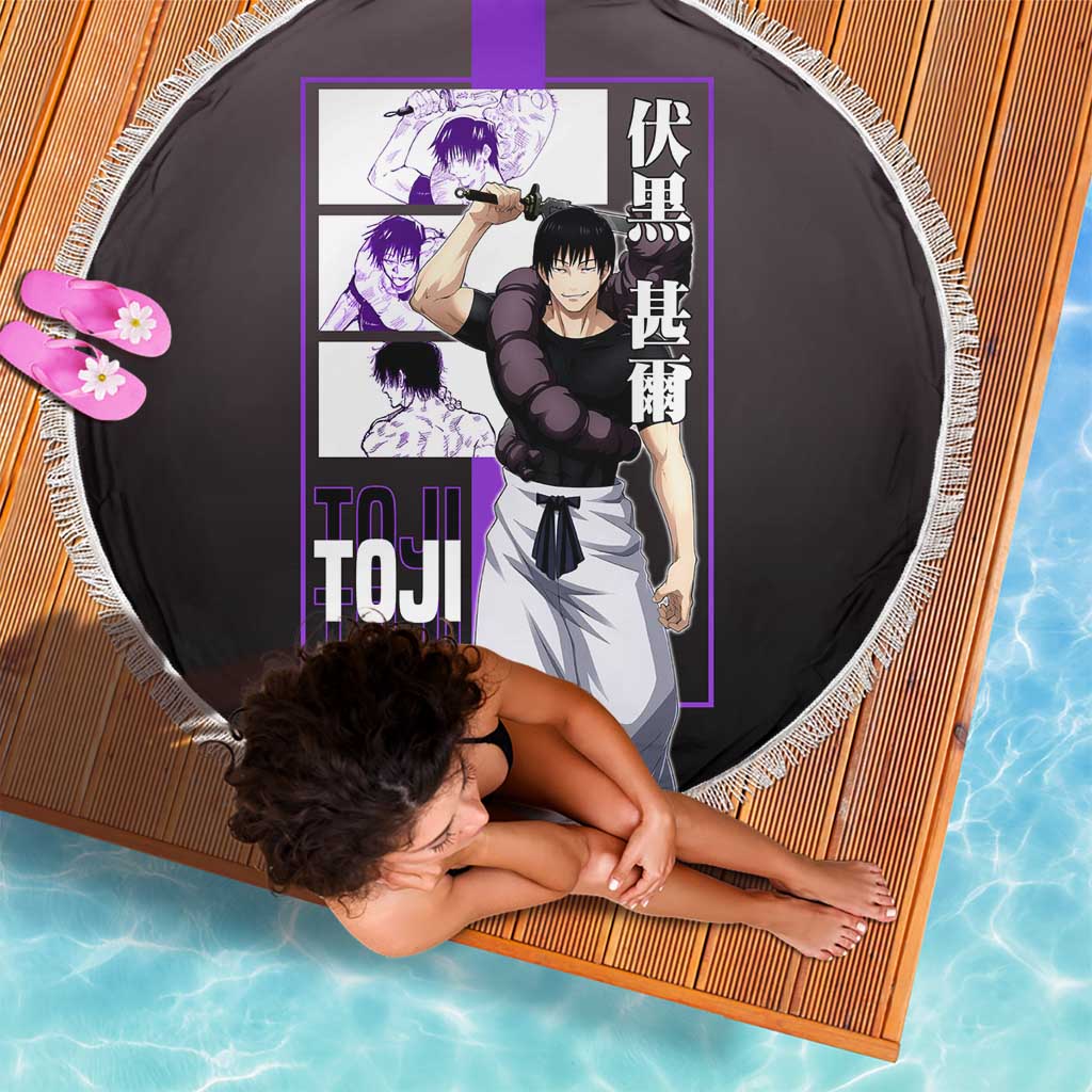 Fushiguro Toji from Jujutsu Kaisen Beach Blanket with Purple and Black Background and Multiple Poses Design - The Mazicc
