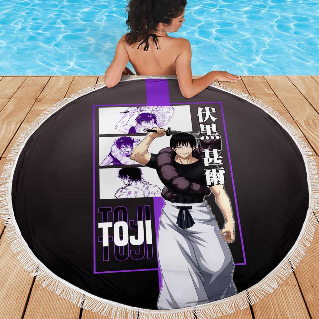 Fushiguro Toji from Jujutsu Kaisen Beach Blanket with Purple and Black Background and Multiple Poses Design - The Mazicc