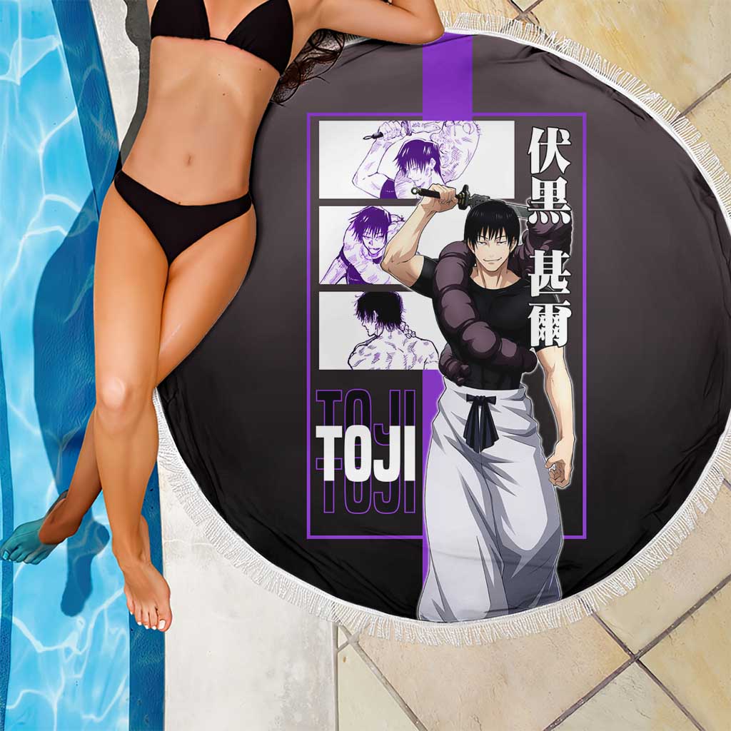 Fushiguro Toji from Jujutsu Kaisen Beach Blanket with Purple and Black Background and Multiple Poses Design - The Mazicc