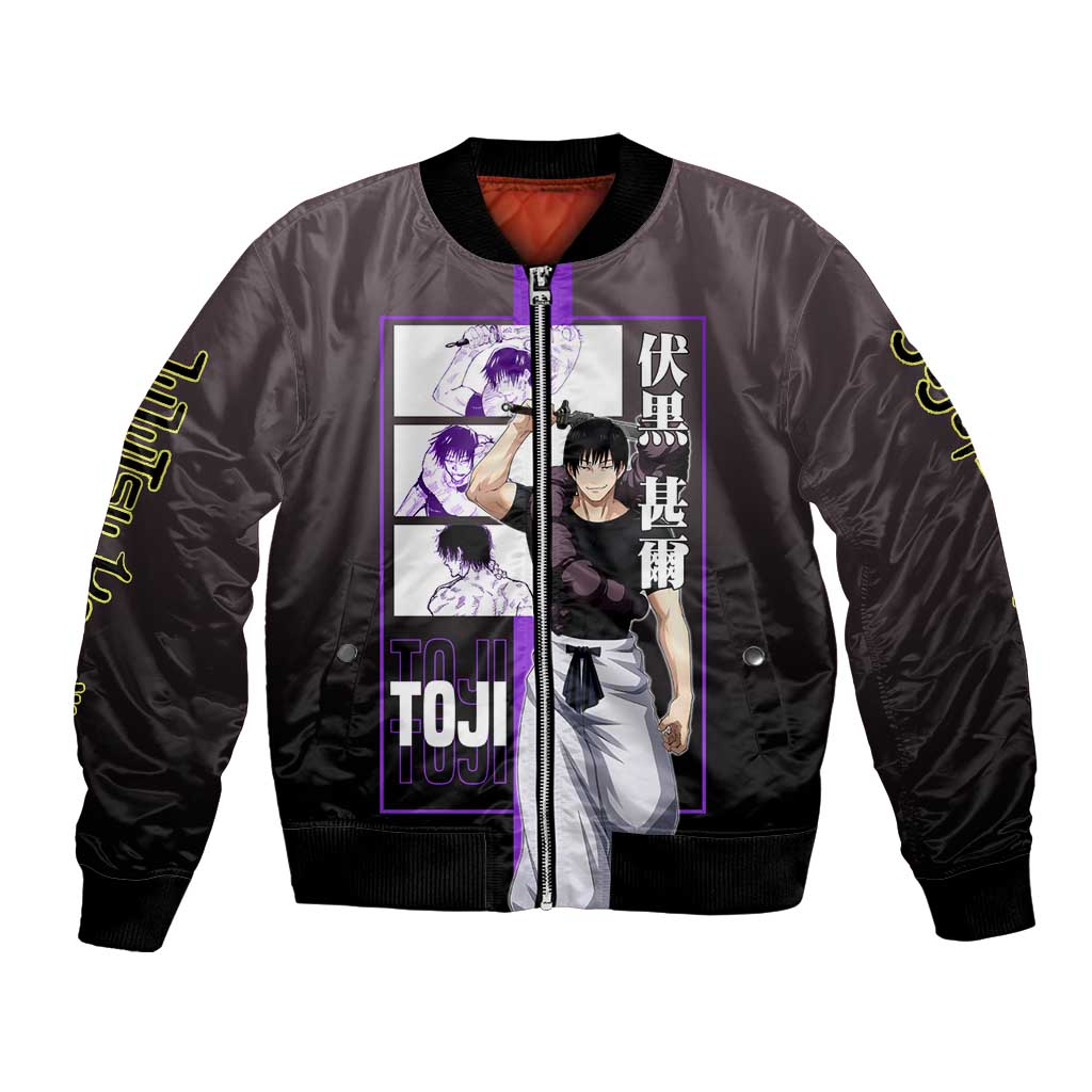 Fushiguro Toji from Jujutsu Kaisen Bomber Jacket with Purple and Black Background and Multiple Poses Design - The Mazicc