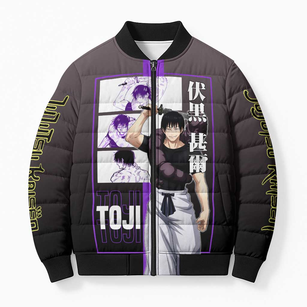 Fushiguro Toji from Jujutsu Kaisen Bomber Puffer Jacket with Purple and Black Background and Multiple Poses Design - The Mazicc