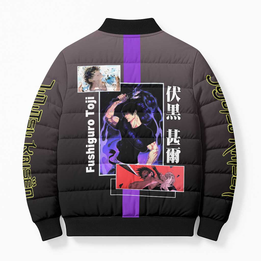 Fushiguro Toji from Jujutsu Kaisen Bomber Puffer Jacket with Purple and Black Background and Multiple Poses Design - The Mazicc