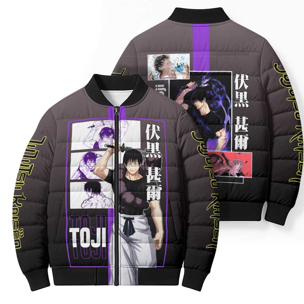 Fushiguro Toji from Jujutsu Kaisen Bomber Puffer Jacket with Purple and Black Background and Multiple Poses Design - The Mazicc