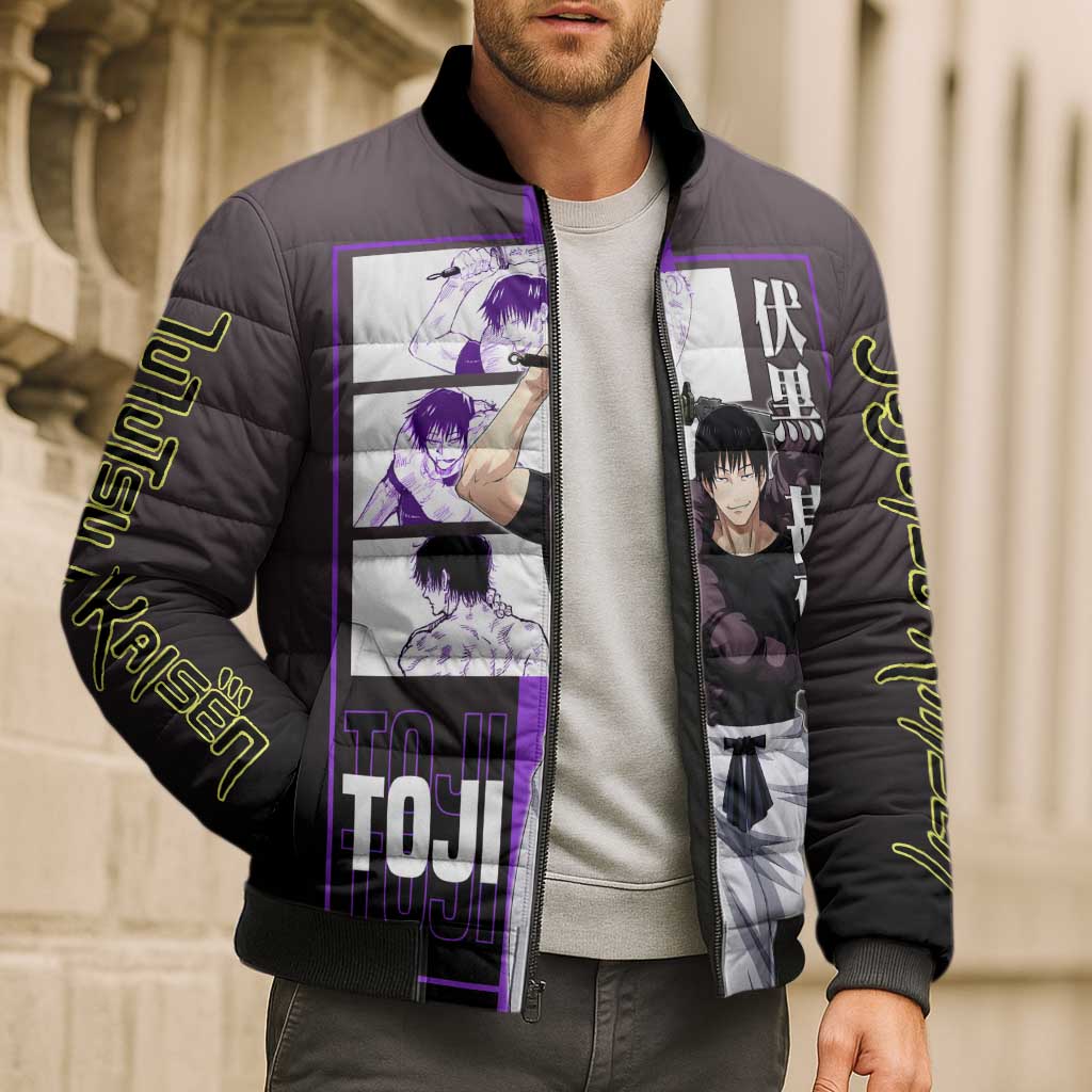 Fushiguro Toji from Jujutsu Kaisen Bomber Puffer Jacket with Purple and Black Background and Multiple Poses Design - The Mazicc