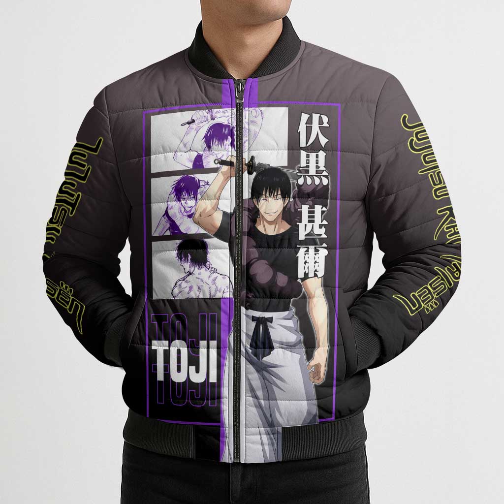 Fushiguro Toji from Jujutsu Kaisen Bomber Puffer Jacket with Purple and Black Background and Multiple Poses Design - The Mazicc