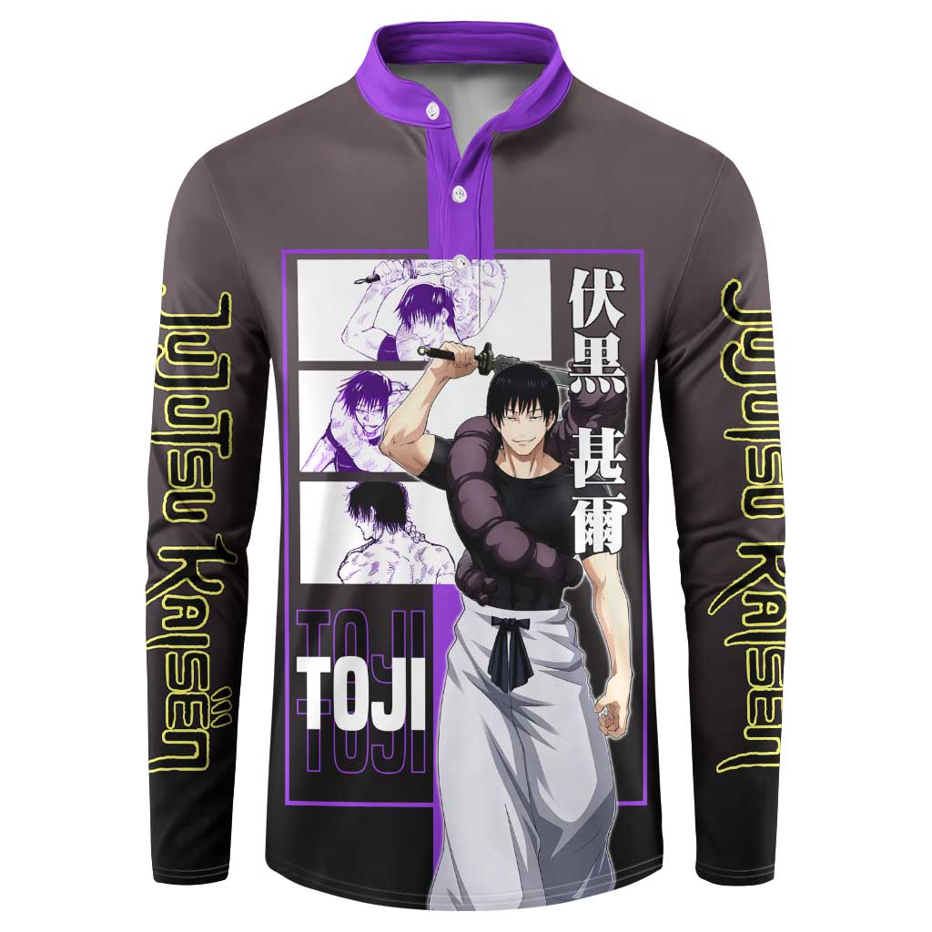 Fushiguro Toji from Jujutsu Kaisen Button Sweatshirt with Purple and Black Background and Multiple Poses Design - The Mazicc