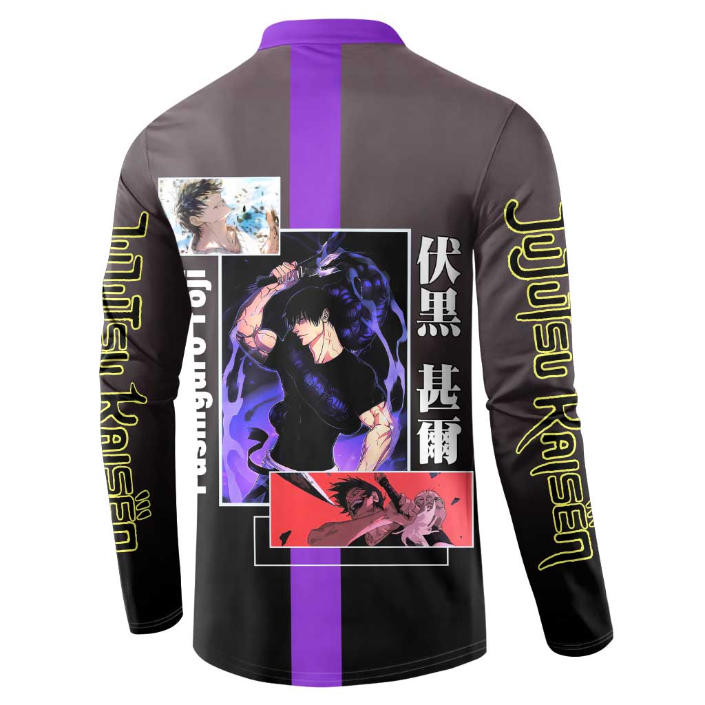 Fushiguro Toji from Jujutsu Kaisen Button Sweatshirt with Purple and Black Background and Multiple Poses Design - The Mazicc