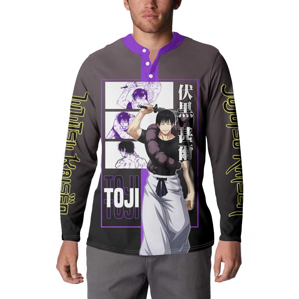 Fushiguro Toji from Jujutsu Kaisen Button Sweatshirt with Purple and Black Background and Multiple Poses Design - The Mazicc