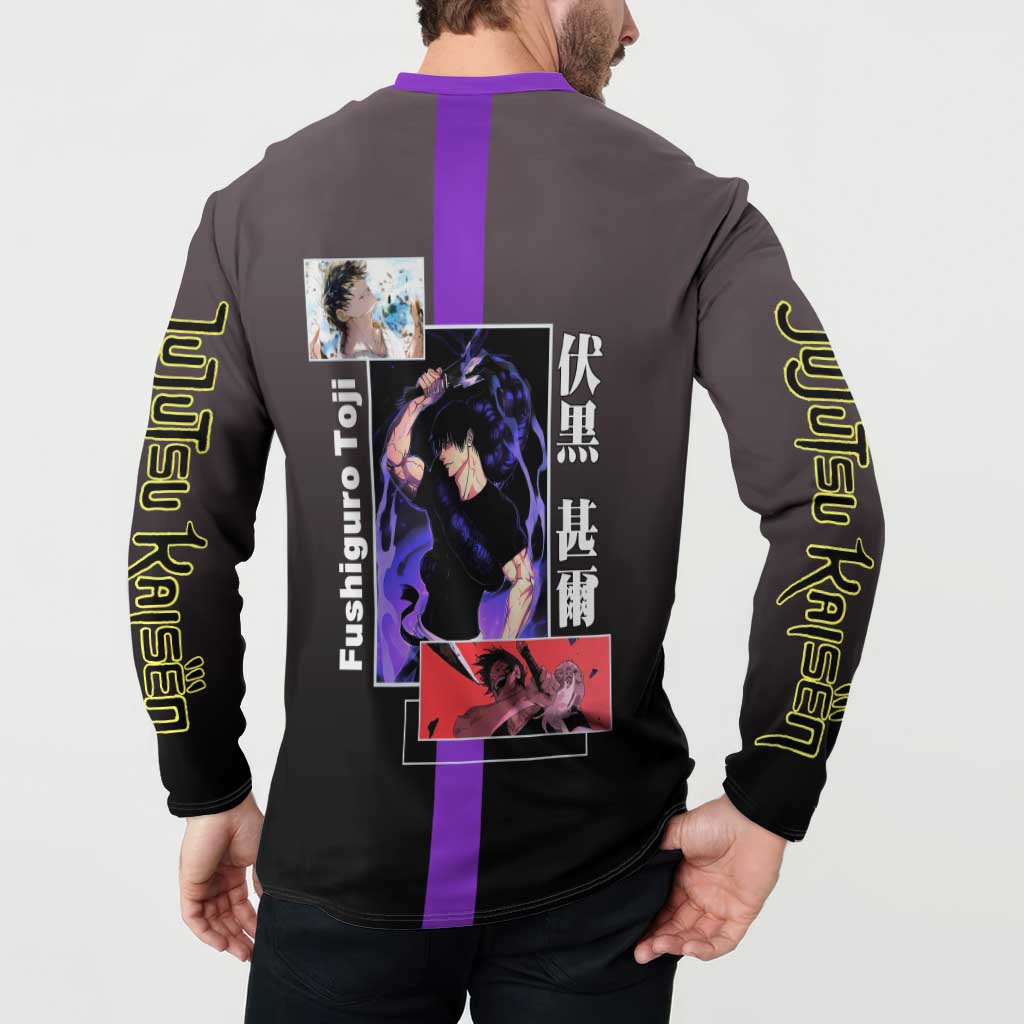 Fushiguro Toji from Jujutsu Kaisen Button Sweatshirt with Purple and Black Background and Multiple Poses Design - The Mazicc