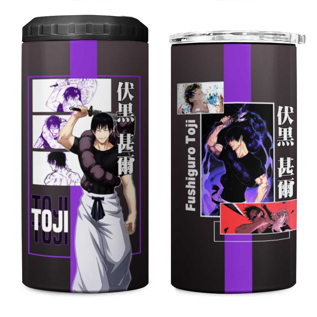 Fushiguro Toji from Jujutsu Kaisen 4 in 1 Can Cooler Tumbler with Purple and Black Background and Multiple Poses Design - The Mazicc