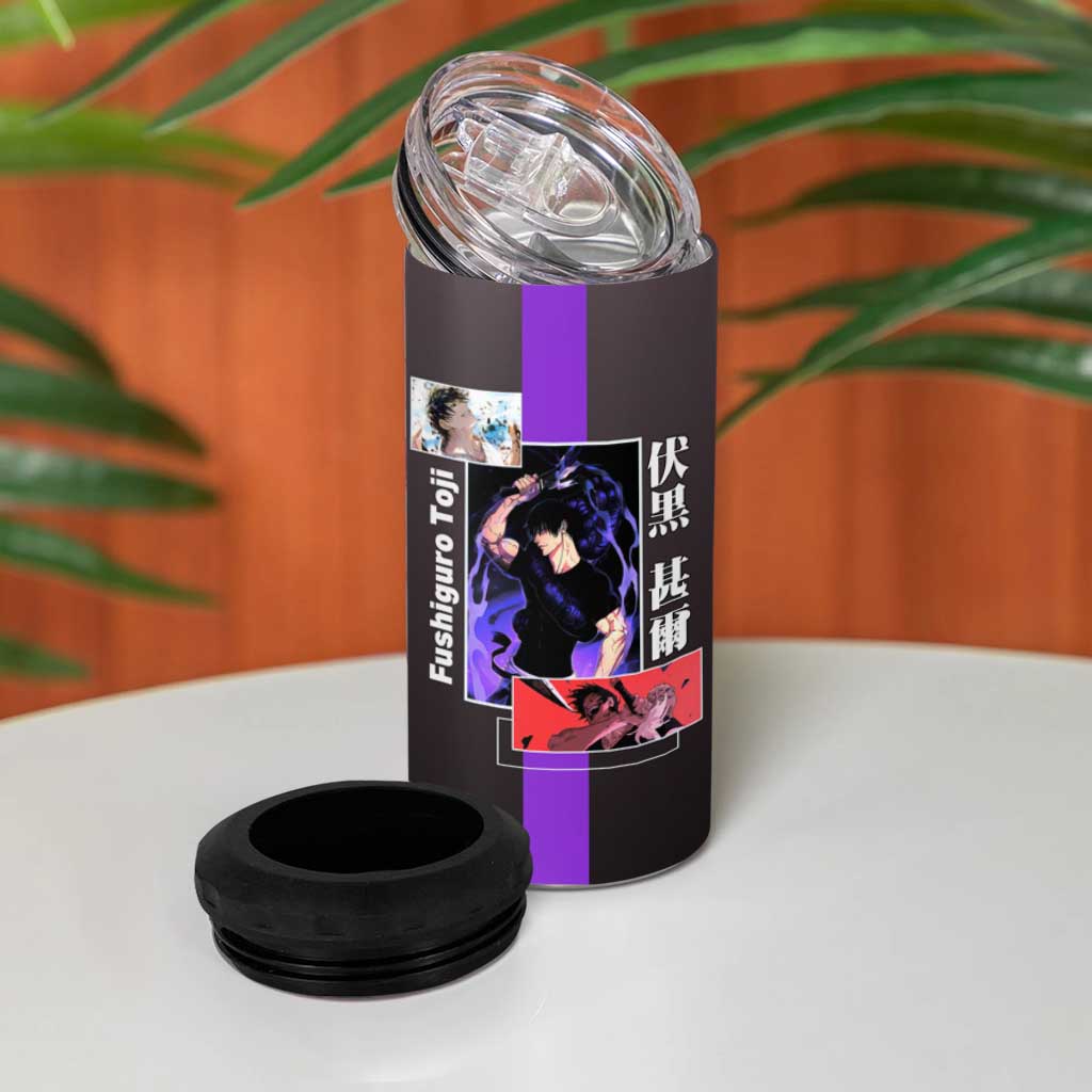 Fushiguro Toji from Jujutsu Kaisen 4 in 1 Can Cooler Tumbler with Purple and Black Background and Multiple Poses Design - The Mazicc