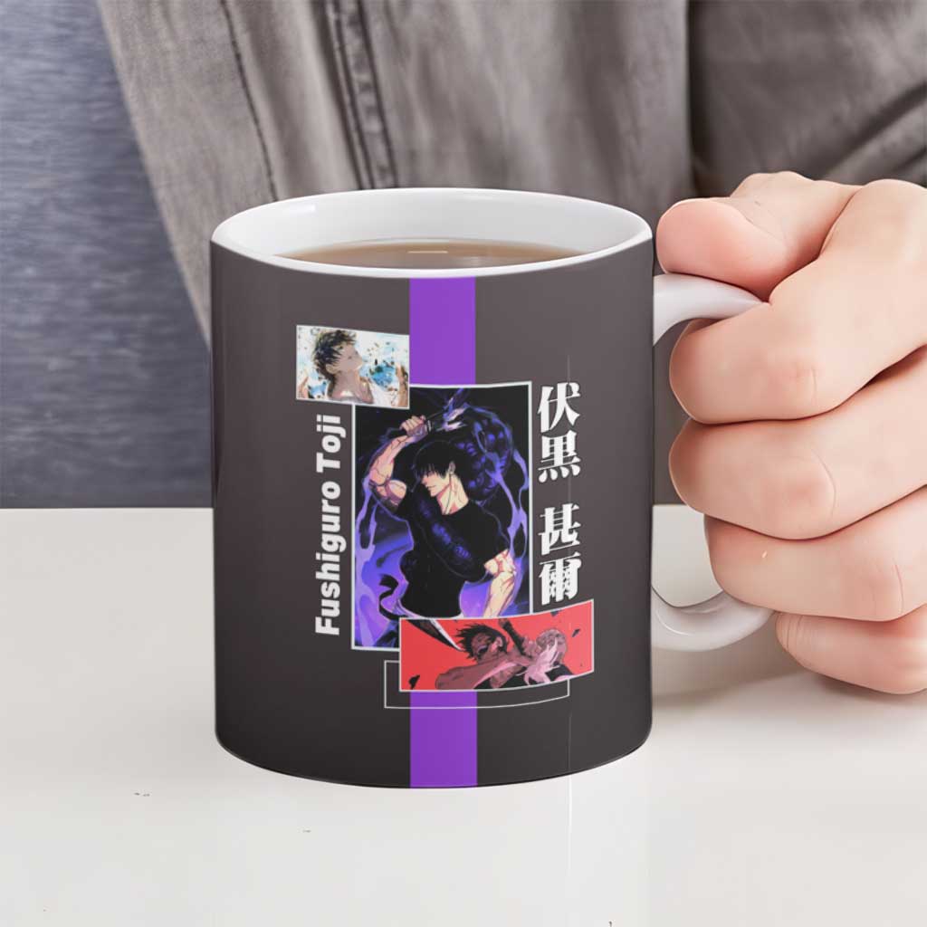 Fushiguro Toji from Jujutsu Kaisen Ceramic Mug with Purple and Black Background and Multiple Poses Design - The Mazicc