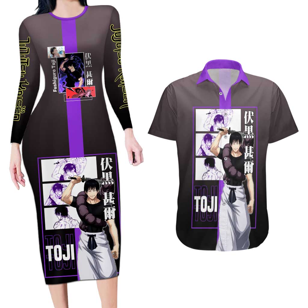 Fushiguro Toji from Jujutsu Kaisen Couples Matching Long Sleeve Bodycon Dress and Hawaiian Shirt with Purple and Black Background and Multiple Poses Design - The Mazicc