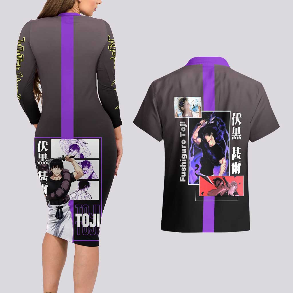 Fushiguro Toji from Jujutsu Kaisen Couples Matching Long Sleeve Bodycon Dress and Hawaiian Shirt with Purple and Black Background and Multiple Poses Design - The Mazicc