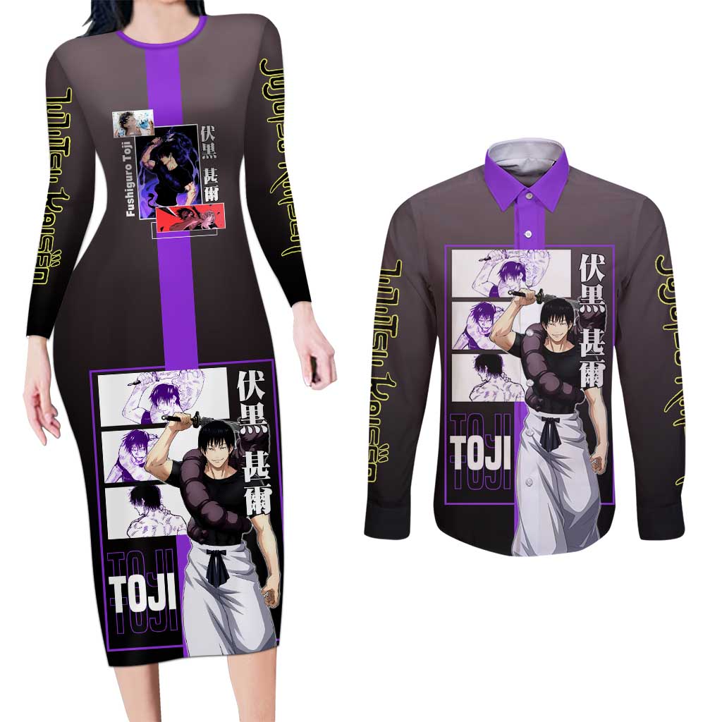 Fushiguro Toji from Jujutsu Kaisen Couples Matching Long Sleeve Bodycon Dress and Long Sleeve Button Shirt with Purple and Black Background and Multiple Poses Design - The Mazicc