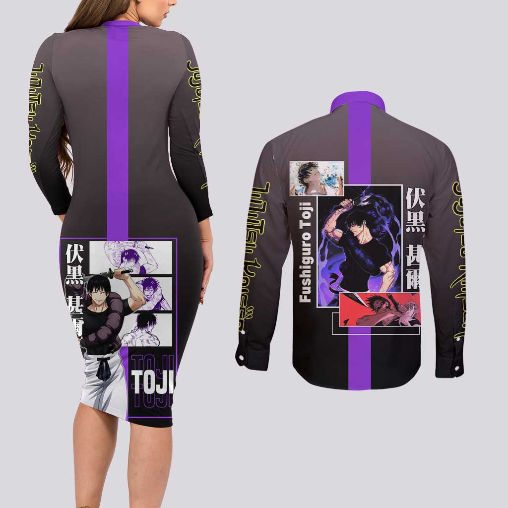Fushiguro Toji from Jujutsu Kaisen Couples Matching Long Sleeve Bodycon Dress and Long Sleeve Button Shirt with Purple and Black Background and Multiple Poses Design - The Mazicc