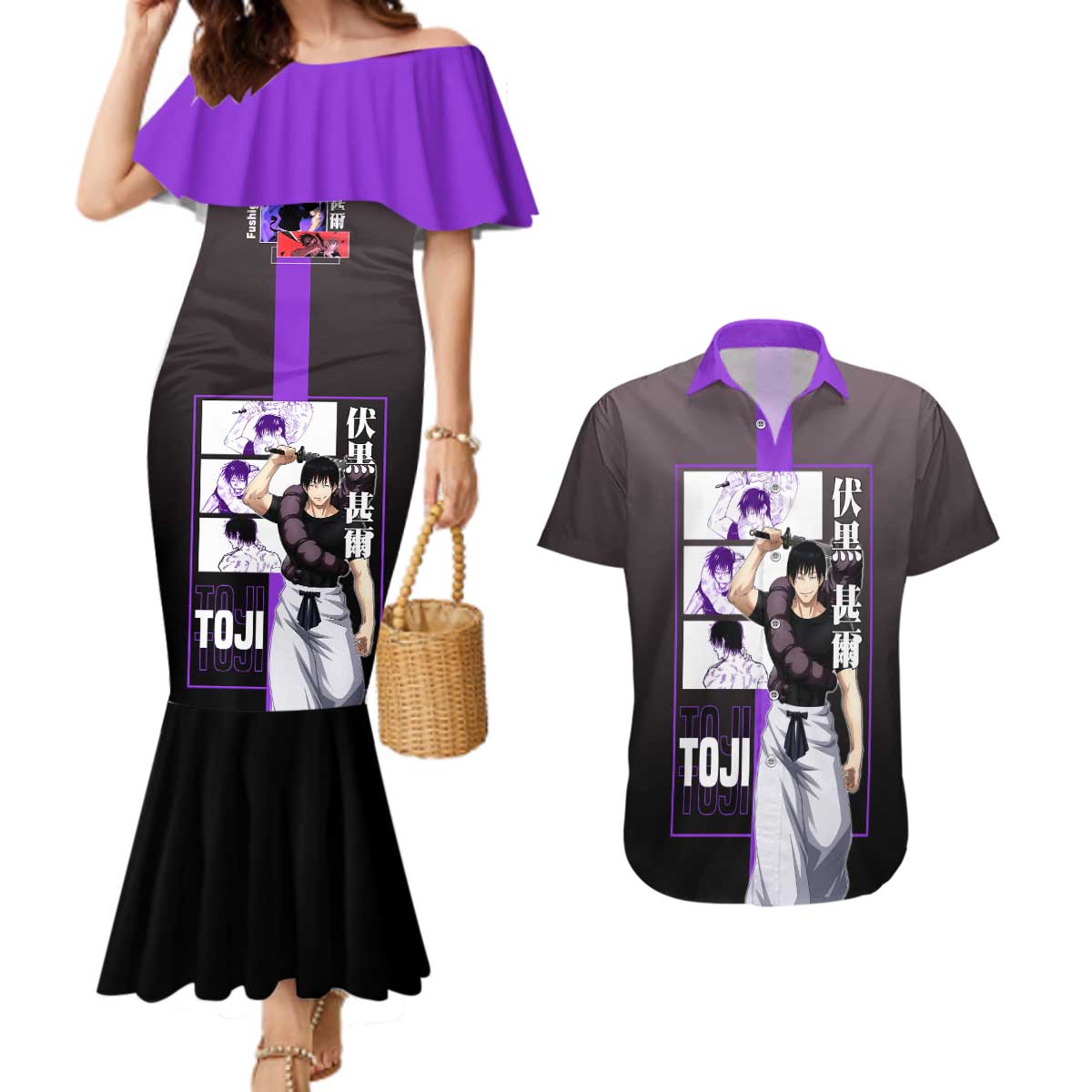 Fushiguro Toji from Jujutsu Kaisen Couples Matching Mermaid Dress and Hawaiian Shirt with Purple and Black Background and Multiple Poses Design - The Mazicc