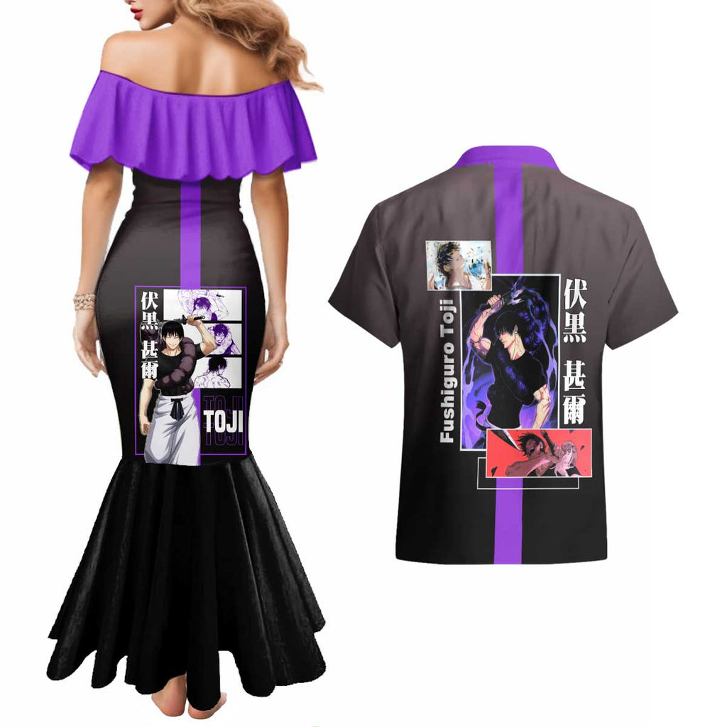 Fushiguro Toji from Jujutsu Kaisen Couples Matching Mermaid Dress and Hawaiian Shirt with Purple and Black Background and Multiple Poses Design - The Mazicc