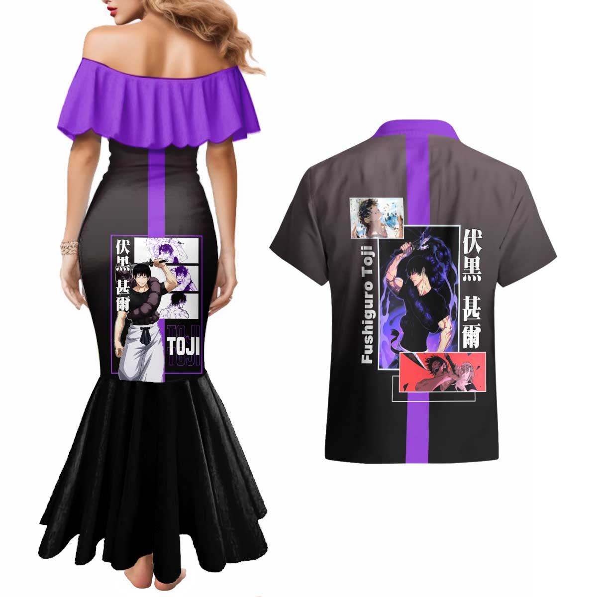 Fushiguro Toji from Jujutsu Kaisen Couples Matching Mermaid Dress and Hawaiian Shirt with Purple and Black Background and Multiple Poses Design - The Mazicc
