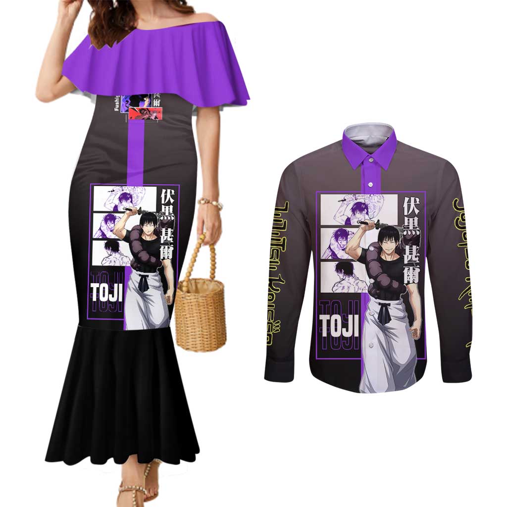Fushiguro Toji from Jujutsu Kaisen Couples Matching Mermaid Dress and Long Sleeve Button Shirt with Purple and Black Background and Multiple Poses Design - The Mazicc