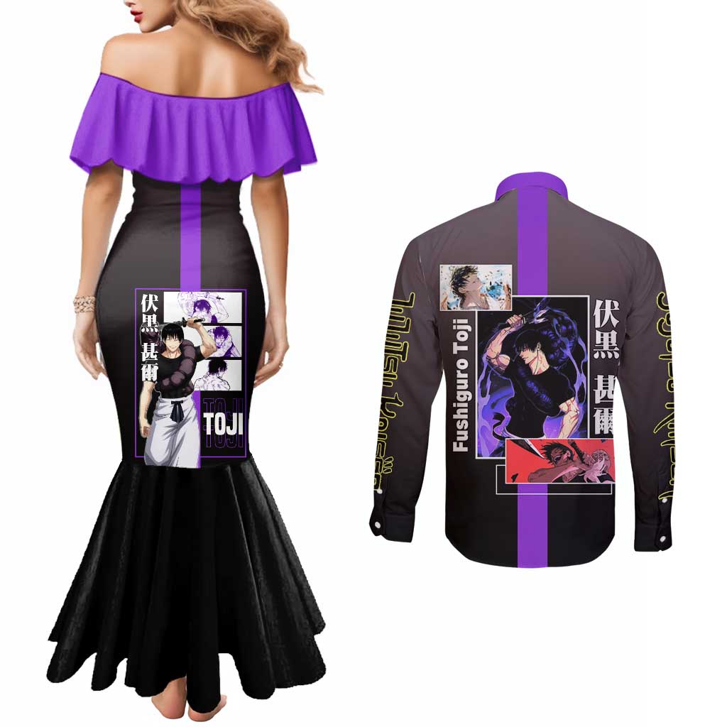 Fushiguro Toji from Jujutsu Kaisen Couples Matching Mermaid Dress and Long Sleeve Button Shirt with Purple and Black Background and Multiple Poses Design - The Mazicc