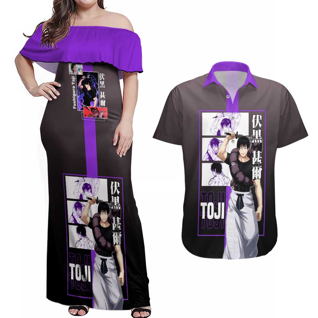 Fushiguro Toji from Jujutsu Kaisen Couples Matching Off Shoulder Maxi Dress and Hawaiian Shirt with Purple and Black Background and Multiple Poses Design - The Mazicc