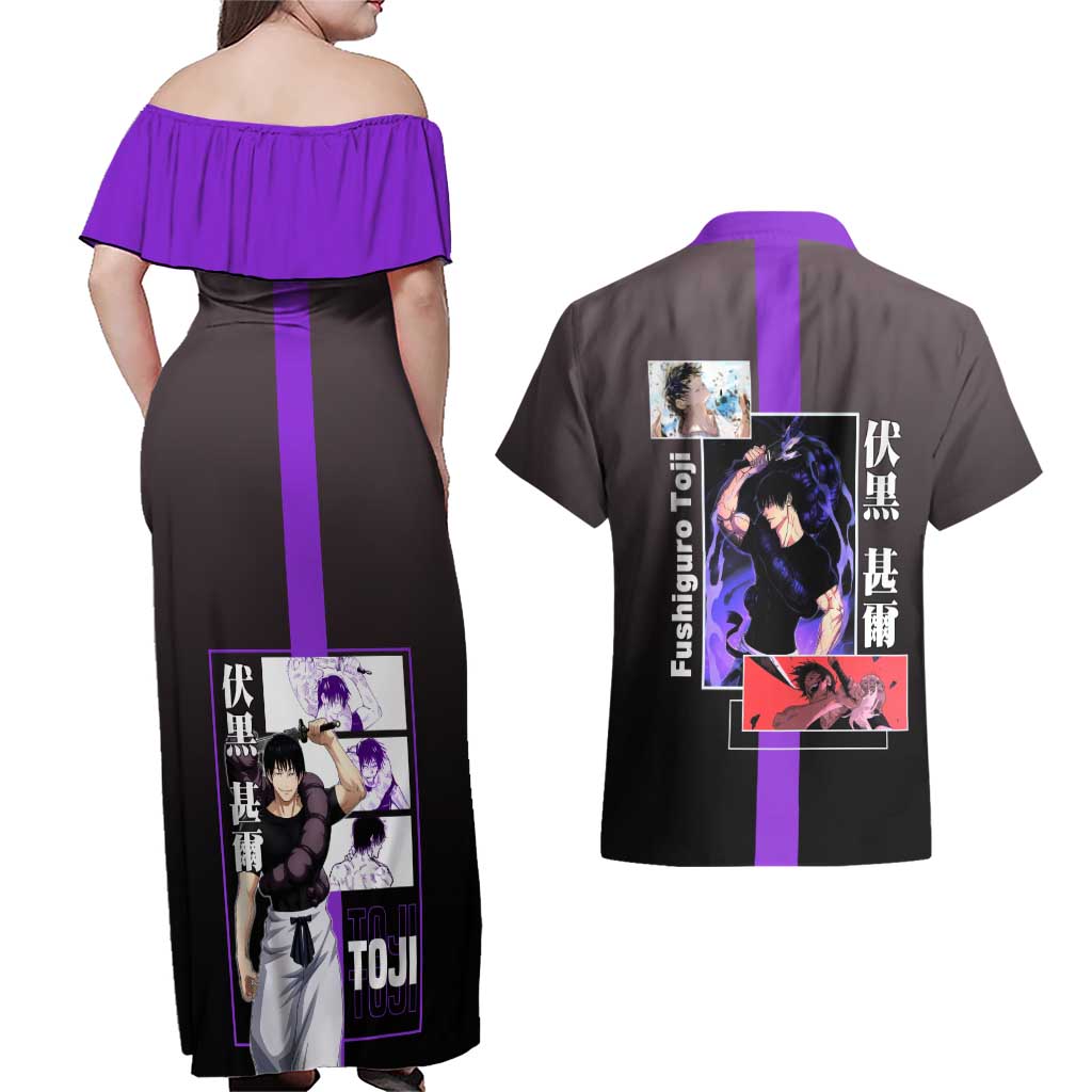 Fushiguro Toji from Jujutsu Kaisen Couples Matching Off Shoulder Maxi Dress and Hawaiian Shirt with Purple and Black Background and Multiple Poses Design - The Mazicc