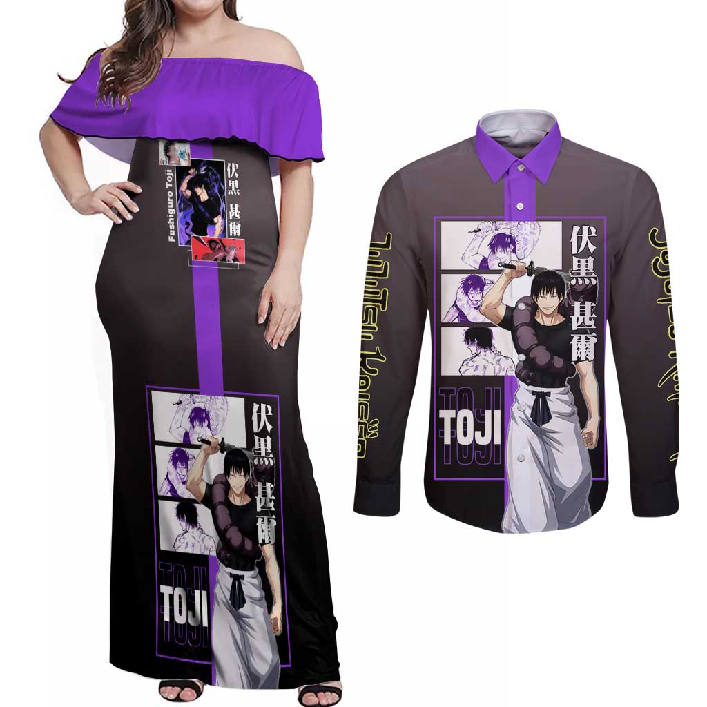 Fushiguro Toji from Jujutsu Kaisen Couples Matching Off Shoulder Maxi Dress and Long Sleeve Button Shirt with Purple and Black Background and Multiple Poses Design - The Mazicc