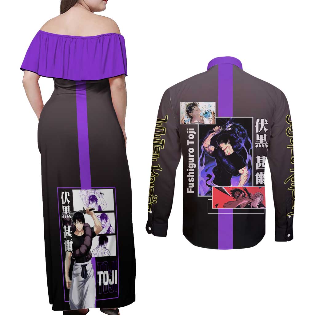 Fushiguro Toji from Jujutsu Kaisen Couples Matching Off Shoulder Maxi Dress and Long Sleeve Button Shirt with Purple and Black Background and Multiple Poses Design - The Mazicc