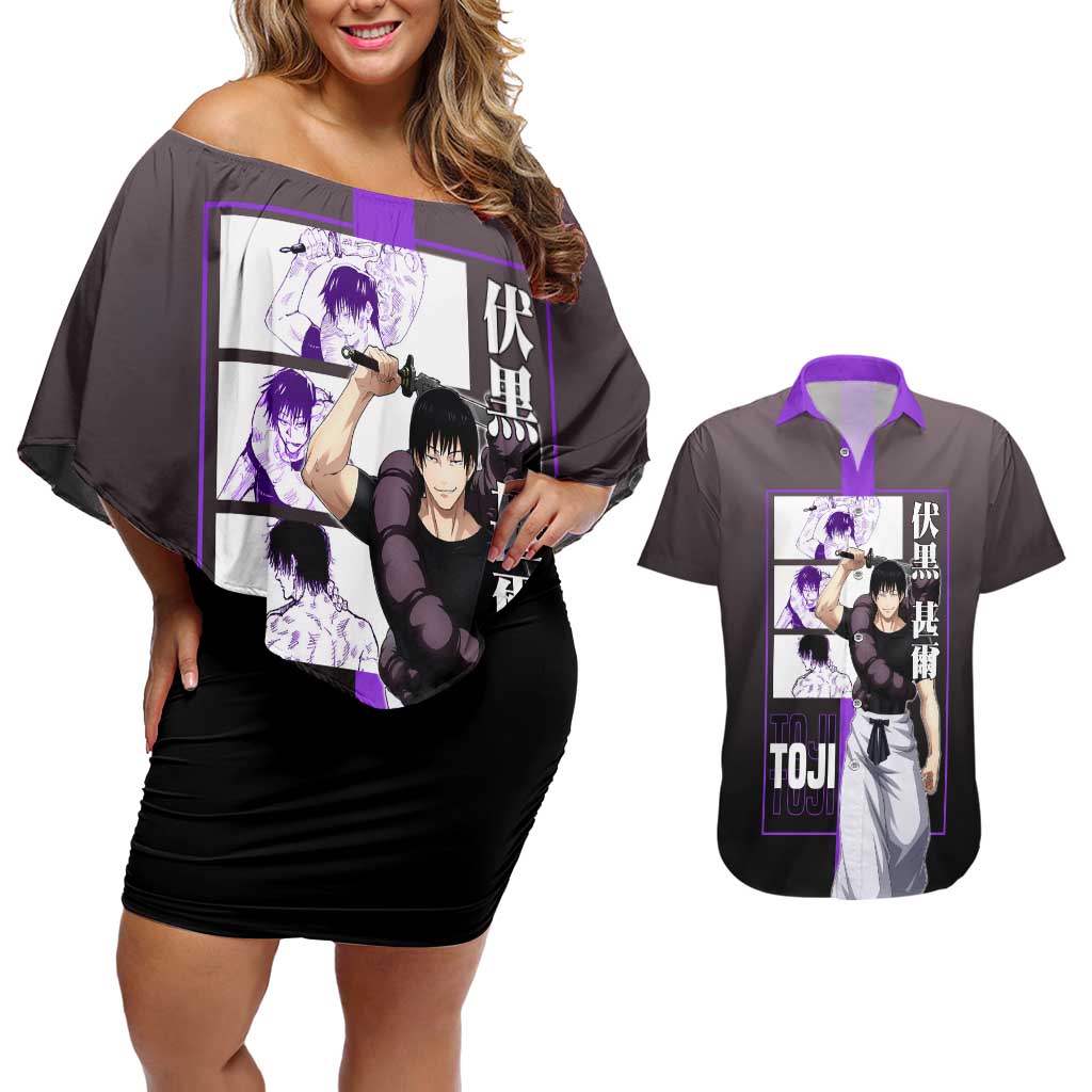 Fushiguro Toji from Jujutsu Kaisen Couples Matching Off Shoulder Short Dress and Hawaiian Shirt with Purple and Black Background and Multiple Poses Design - The Mazicc