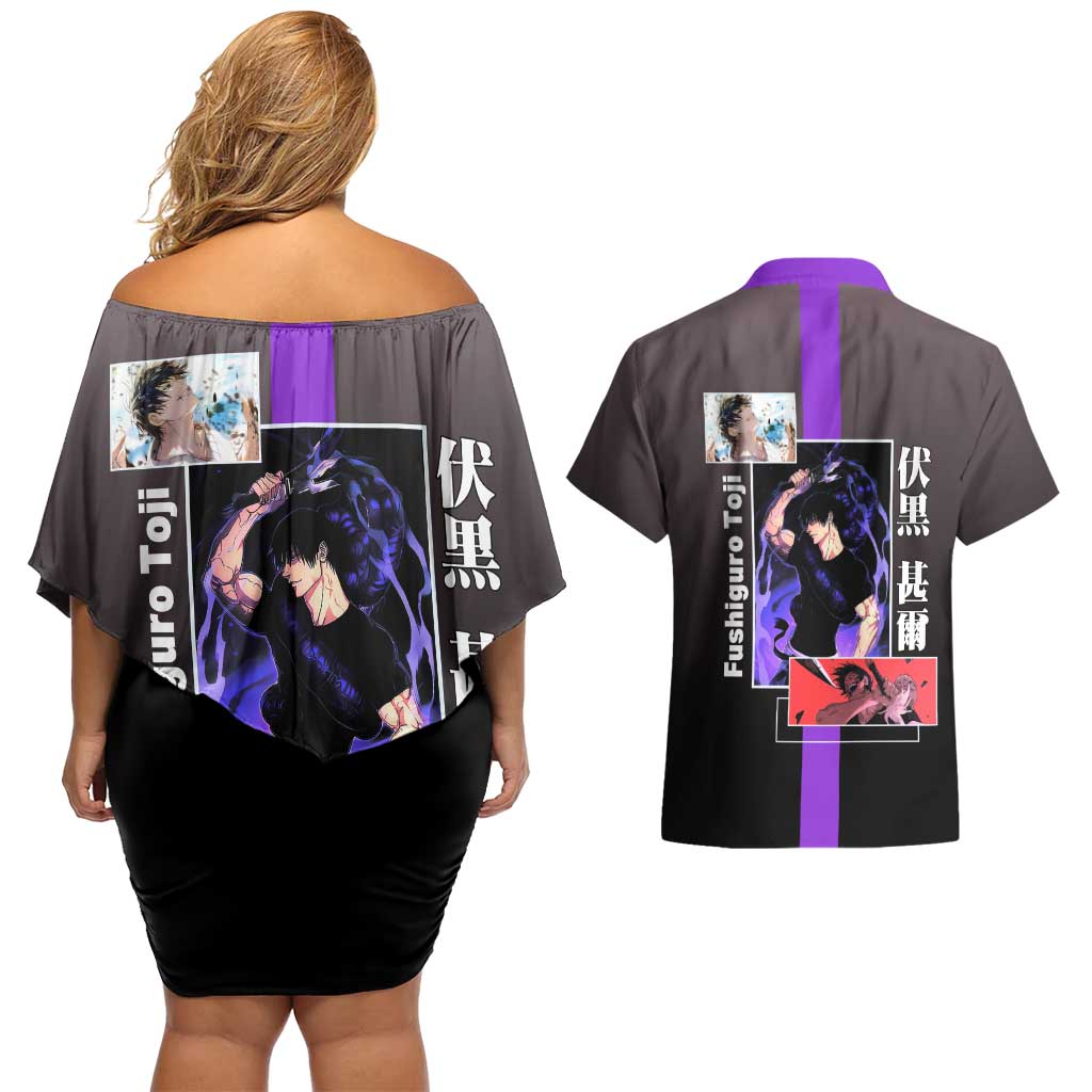 Fushiguro Toji from Jujutsu Kaisen Couples Matching Off Shoulder Short Dress and Hawaiian Shirt with Purple and Black Background and Multiple Poses Design - The Mazicc