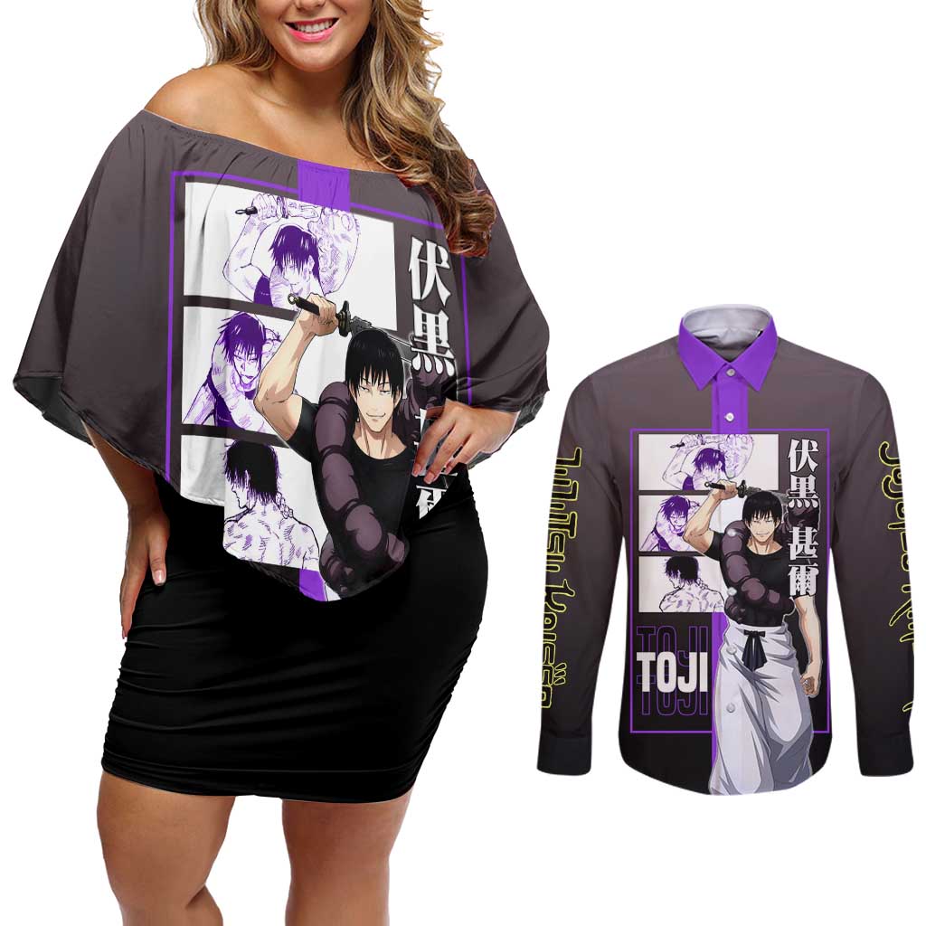 Fushiguro Toji from Jujutsu Kaisen Couples Matching Off Shoulder Short Dress and Long Sleeve Button Shirt with Purple and Black Background and Multiple Poses Design - The Mazicc
