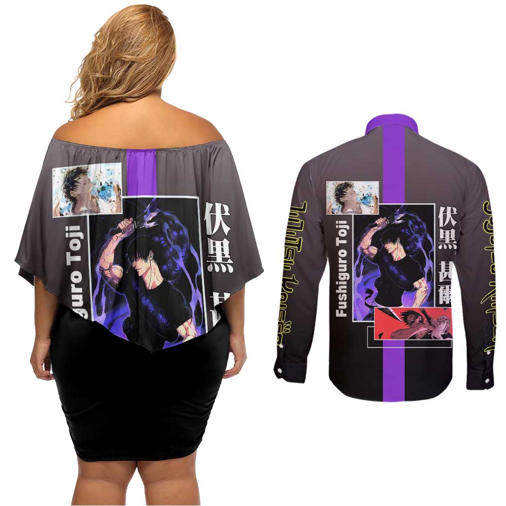 Fushiguro Toji from Jujutsu Kaisen Couples Matching Off Shoulder Short Dress and Long Sleeve Button Shirt with Purple and Black Background and Multiple Poses Design - The Mazicc