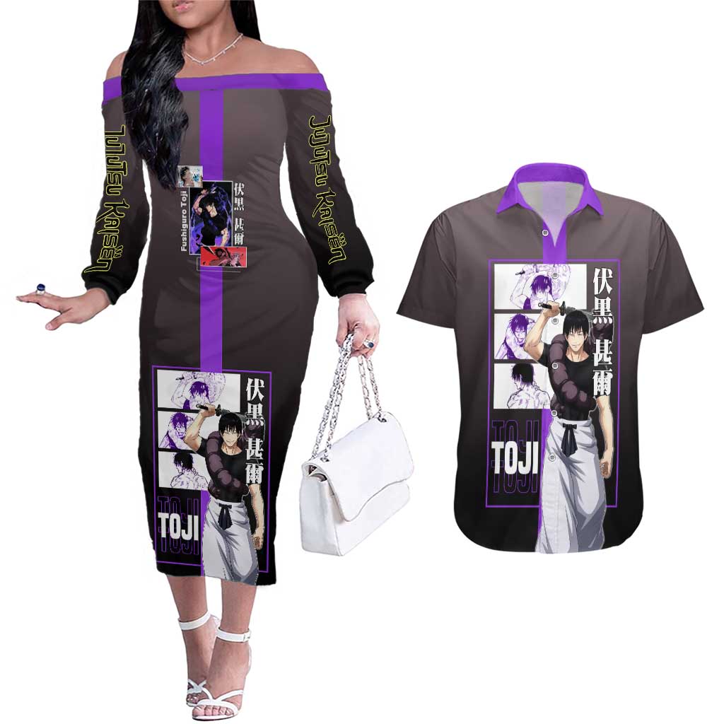 Fushiguro Toji from Jujutsu Kaisen Couples Matching Off The Shoulder Long Sleeve Dress and Hawaiian Shirt with Purple and Black Background and Multiple Poses Design - The Mazicc