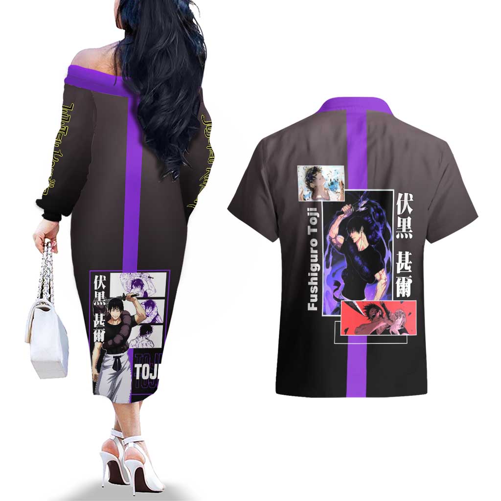 Fushiguro Toji from Jujutsu Kaisen Couples Matching Off The Shoulder Long Sleeve Dress and Hawaiian Shirt with Purple and Black Background and Multiple Poses Design - The Mazicc