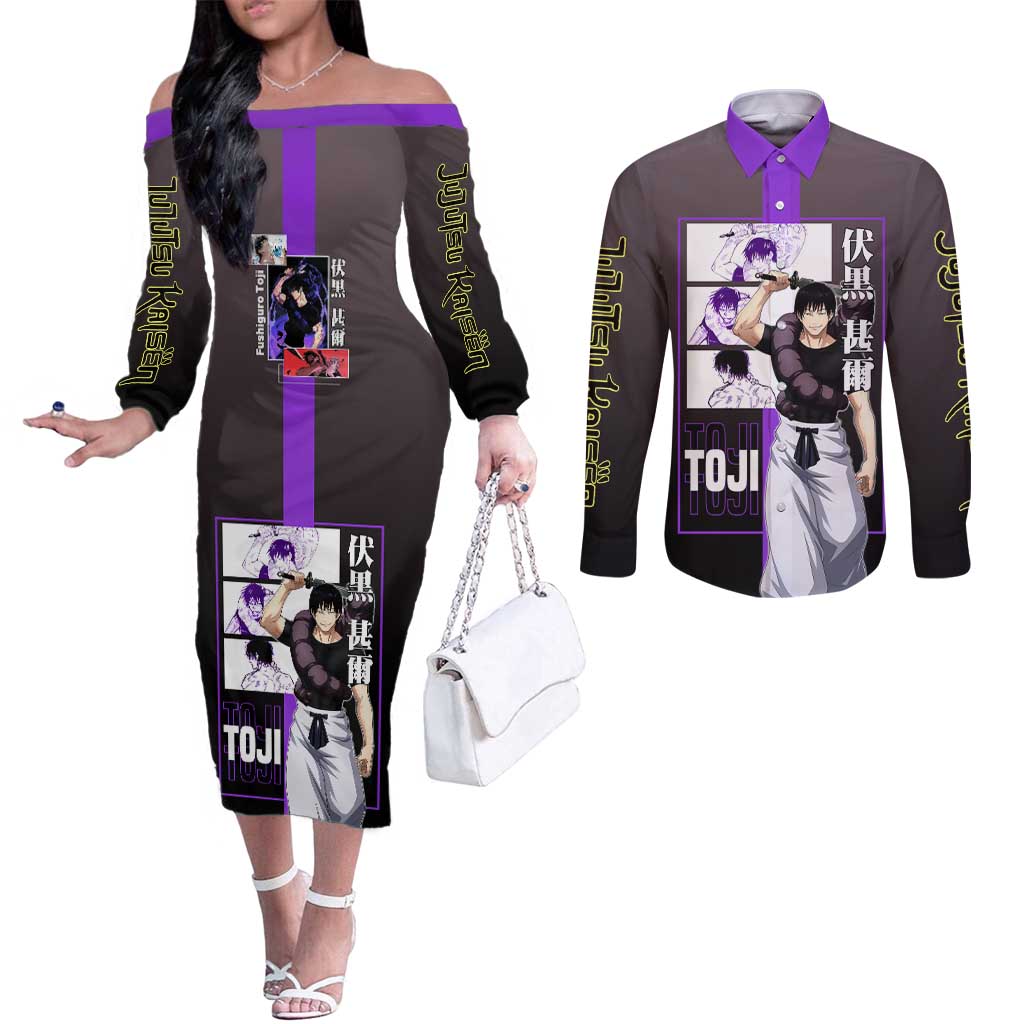 Fushiguro Toji from Jujutsu Kaisen Couples Matching Off The Shoulder Long Sleeve Dress and Long Sleeve Button Shirt with Purple and Black Background and Multiple Poses Design - The Mazicc