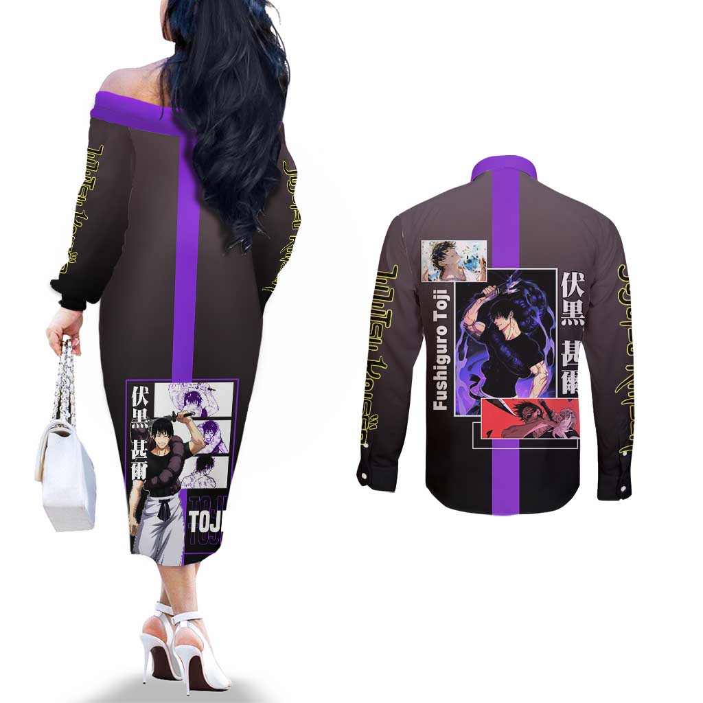 Fushiguro Toji from Jujutsu Kaisen Couples Matching Off The Shoulder Long Sleeve Dress and Long Sleeve Button Shirt with Purple and Black Background and Multiple Poses Design - The Mazicc
