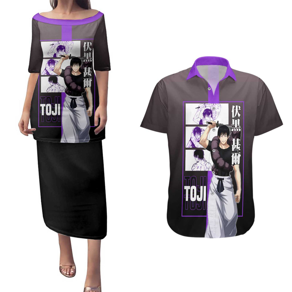 Fushiguro Toji from Jujutsu Kaisen Couples Matching Puletasi and Hawaiian Shirt with Purple and Black Background and Multiple Poses Design - The Mazicc