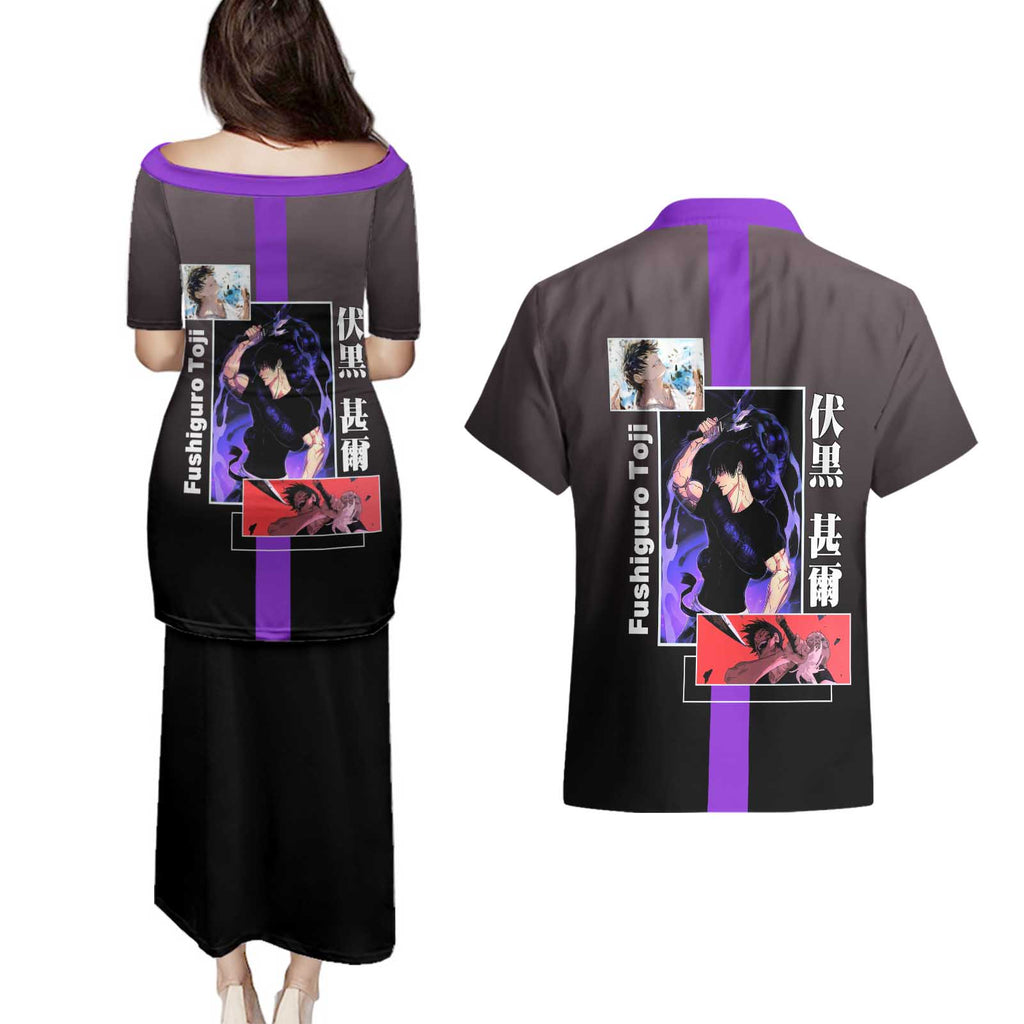 Fushiguro Toji from Jujutsu Kaisen Couples Matching Puletasi and Hawaiian Shirt with Purple and Black Background and Multiple Poses Design - The Mazicc