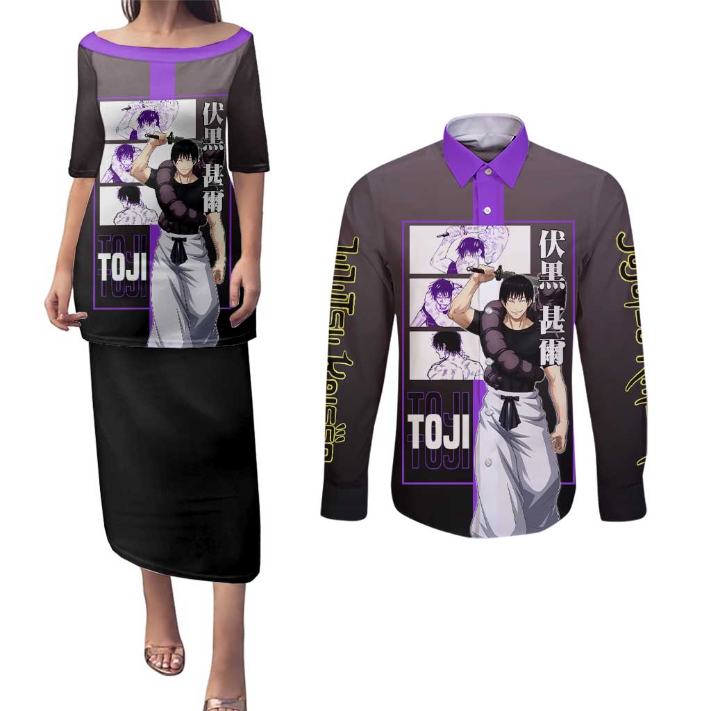 Fushiguro Toji from Jujutsu Kaisen Couples Matching Puletasi and Long Sleeve Button Shirt with Purple and Black Background and Multiple Poses Design - The Mazicc