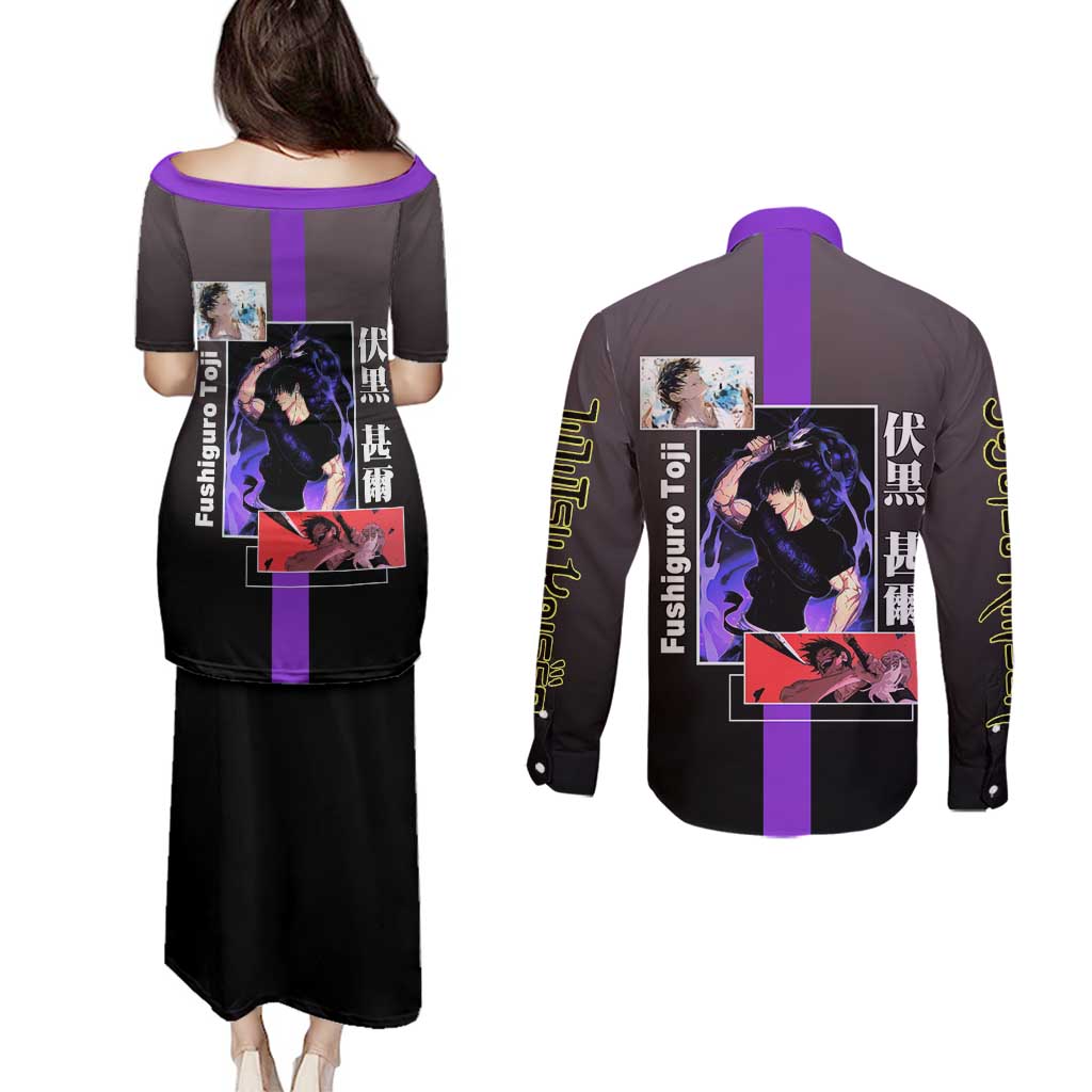 Fushiguro Toji from Jujutsu Kaisen Couples Matching Puletasi and Long Sleeve Button Shirt with Purple and Black Background and Multiple Poses Design - The Mazicc