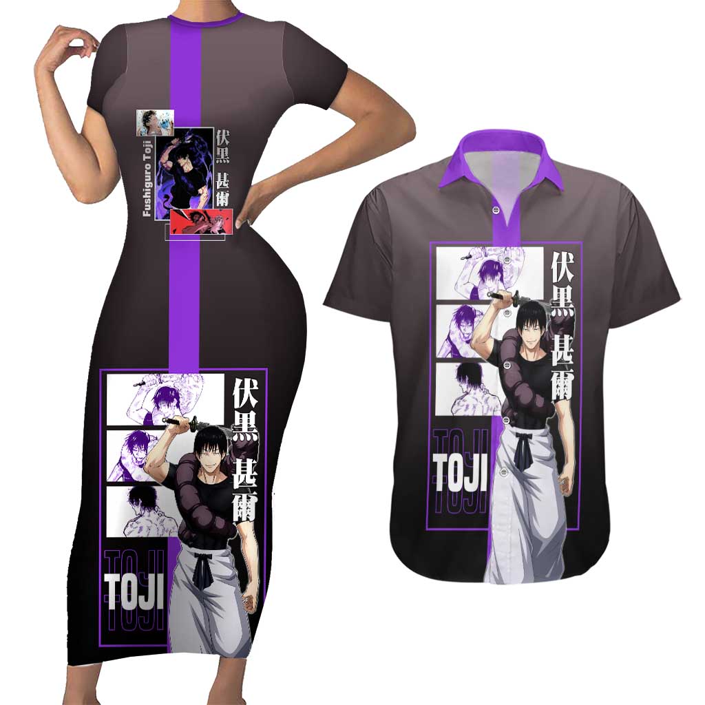 Fushiguro Toji from Jujutsu Kaisen Couples Matching Short Sleeve Bodycon Dress and Hawaiian Shirt with Purple and Black Background and Multiple Poses Design - The Mazicc